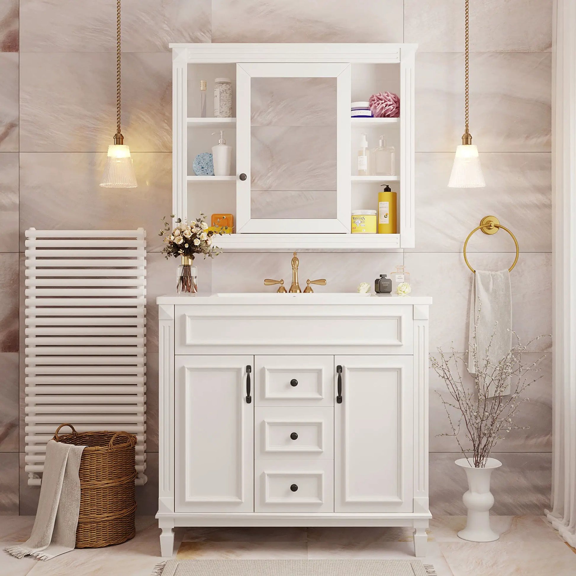 Bathroom vanity with top sink and mirror, white wood, 2 doors 2 drawers Unique Piece Furniture on Tampa Home & Garden Store