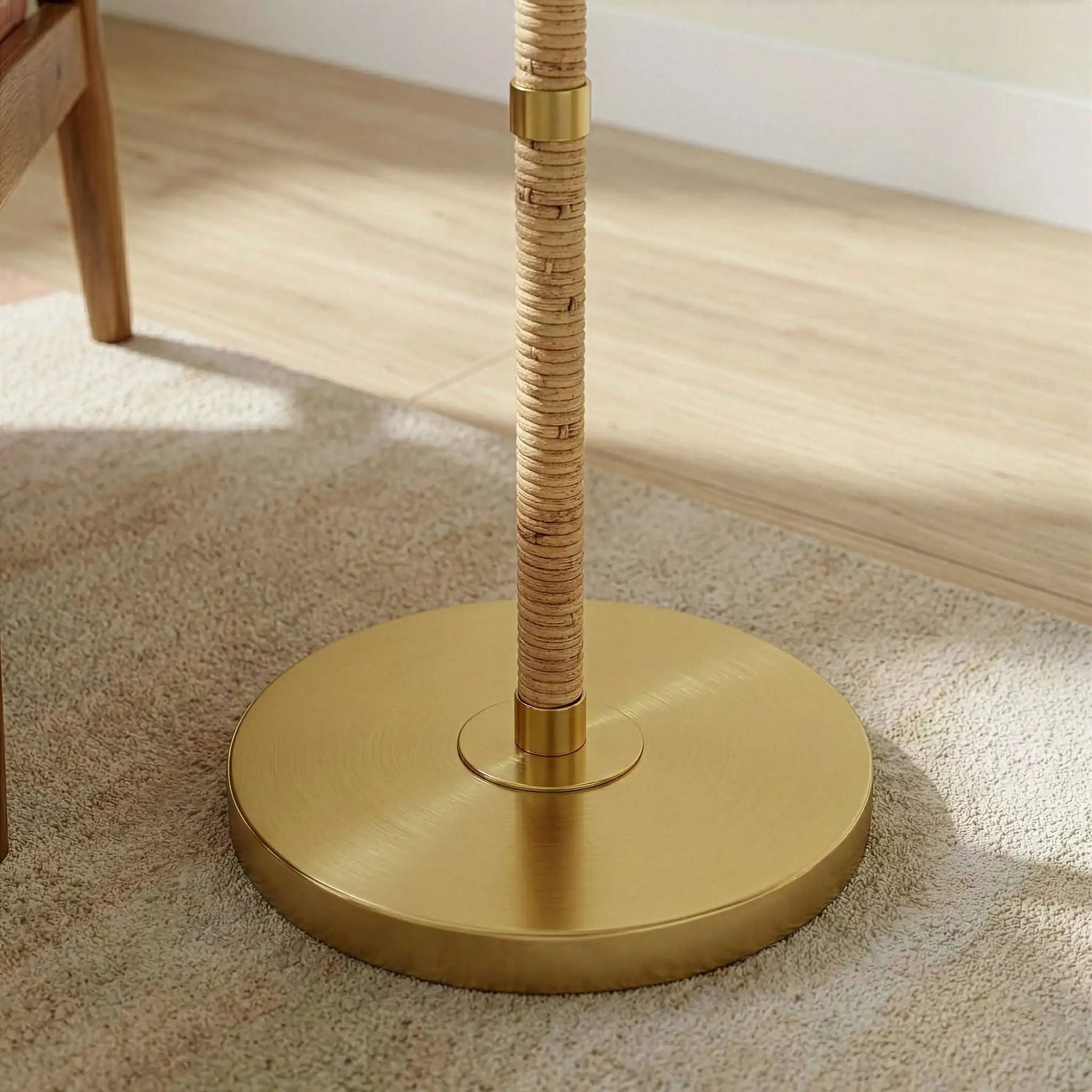 Stellar linen shade floor lamp with rope-wrapped natural column and gold base on Tampa Home & Garden Store