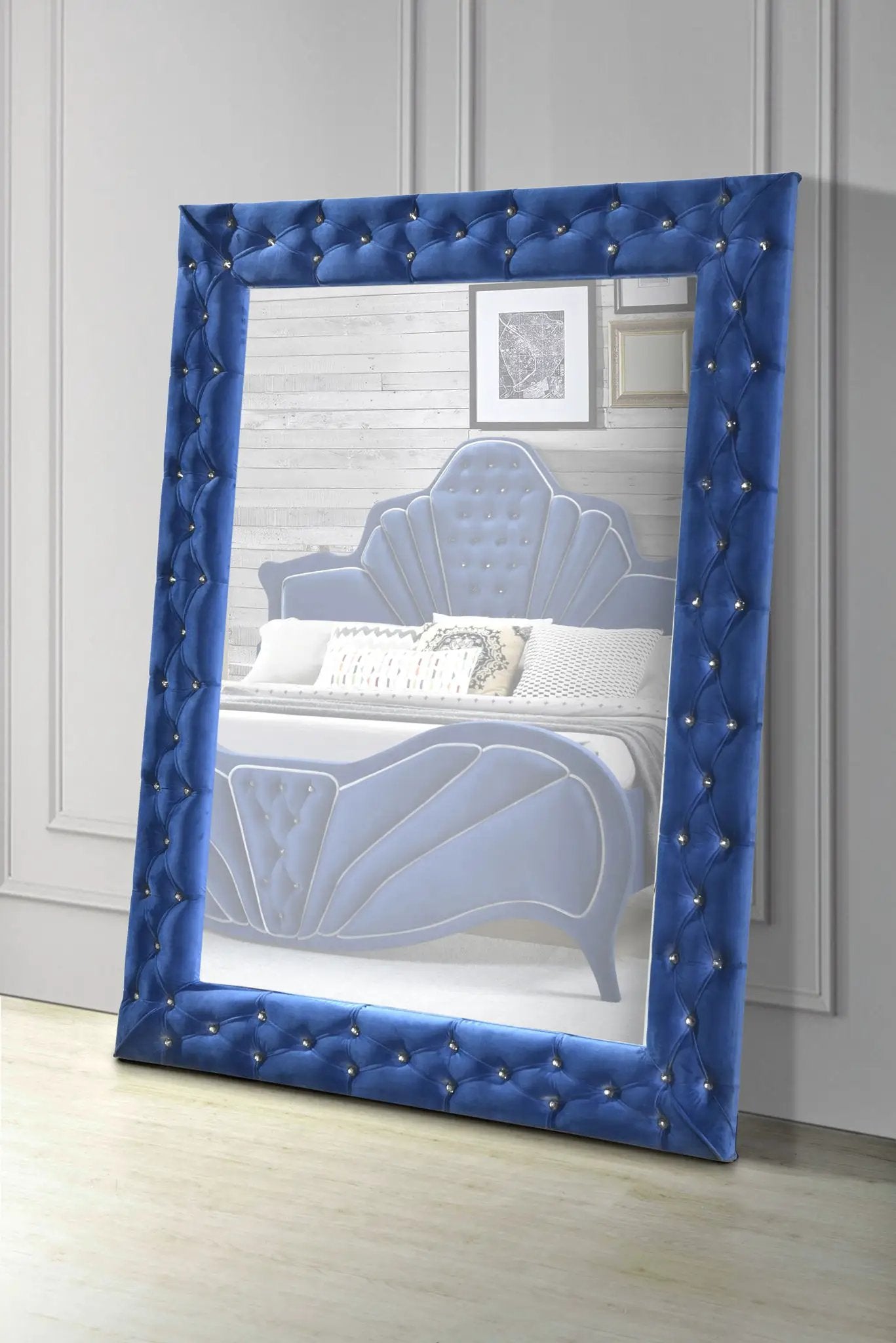 Dante floor mirror by Unique Piece Furniture in blue tufted velvet frame with crystal buttons on Tampa Home & Garden Store