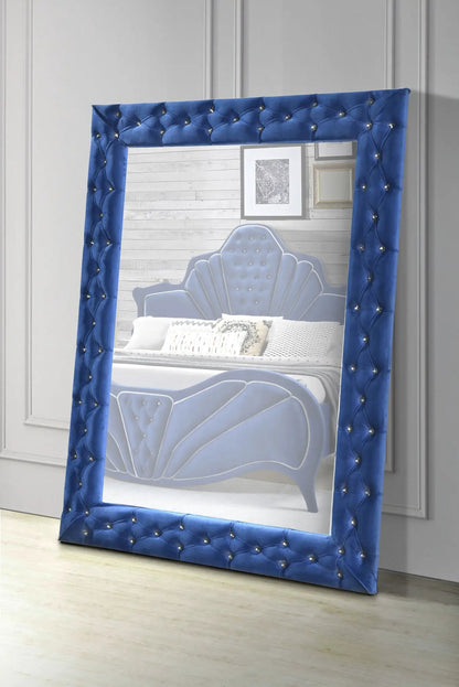 Dante floor mirror by Unique Piece Furniture in blue tufted velvet frame with crystal buttons on Tampa Home & Garden Store
