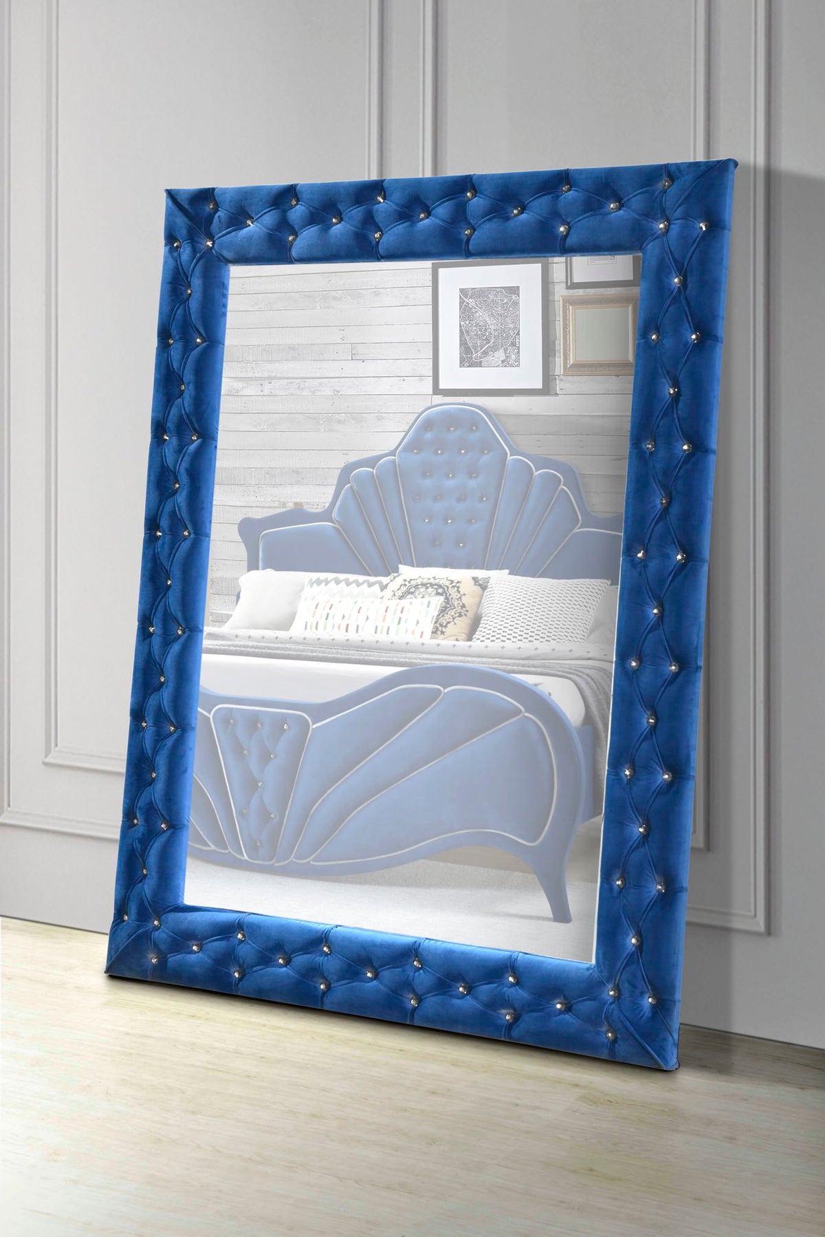 Blue velvet floor mirror with crystal tufted trim by HouseOfZazla Dante Collection on Tampa Home & Garden Store