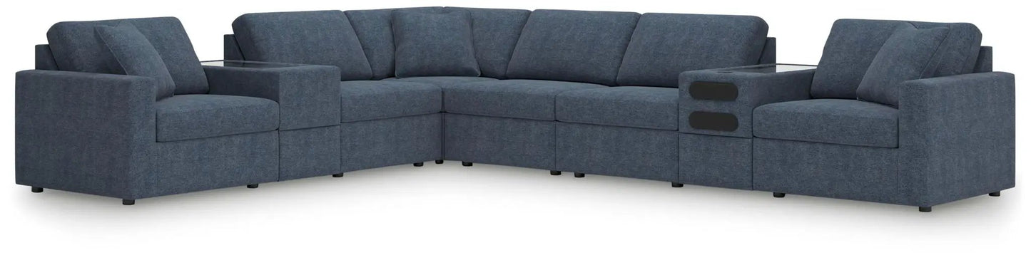 Modmax Sectional Ink in deep blue fabric, stationary modular sofa with glass tabletops on Tampa Home & Garden Store