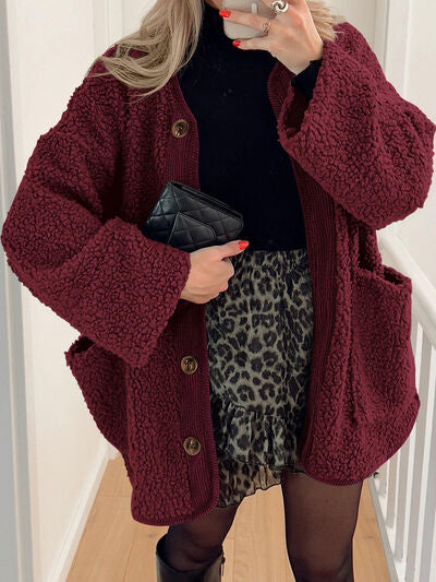 Stevvex burgundy sherpa jacket with pockets and wood buttons, with leopard skirt and bag on Tampa Home & Garden Store