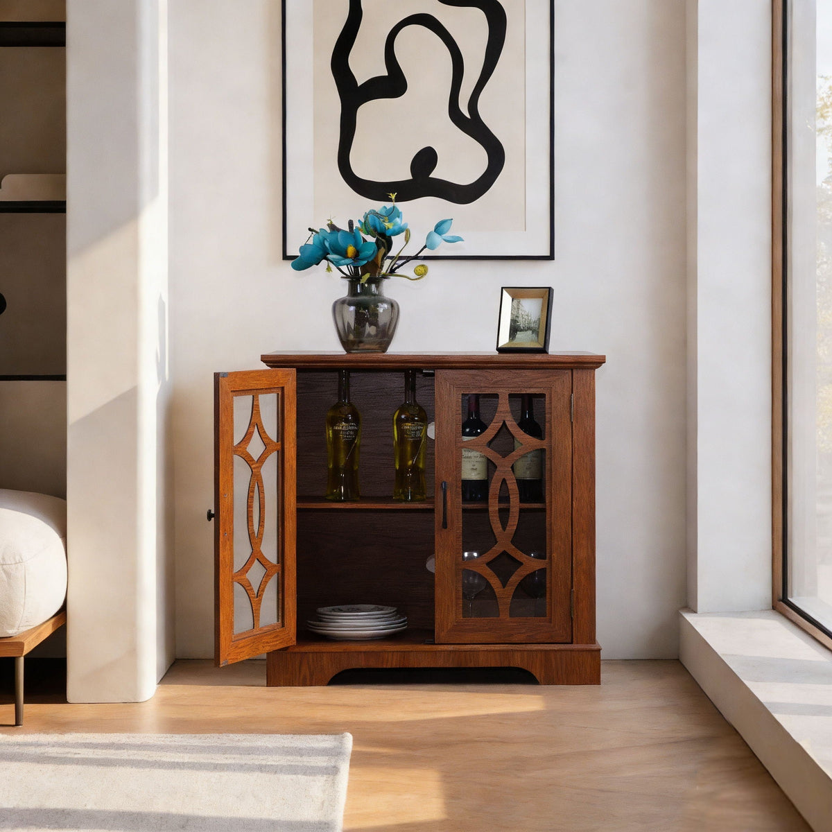 Spacious Dark Oak Sideboard with glass-front doors and adjustable shelves, blue vase on top on Tampa Home & Garden Store