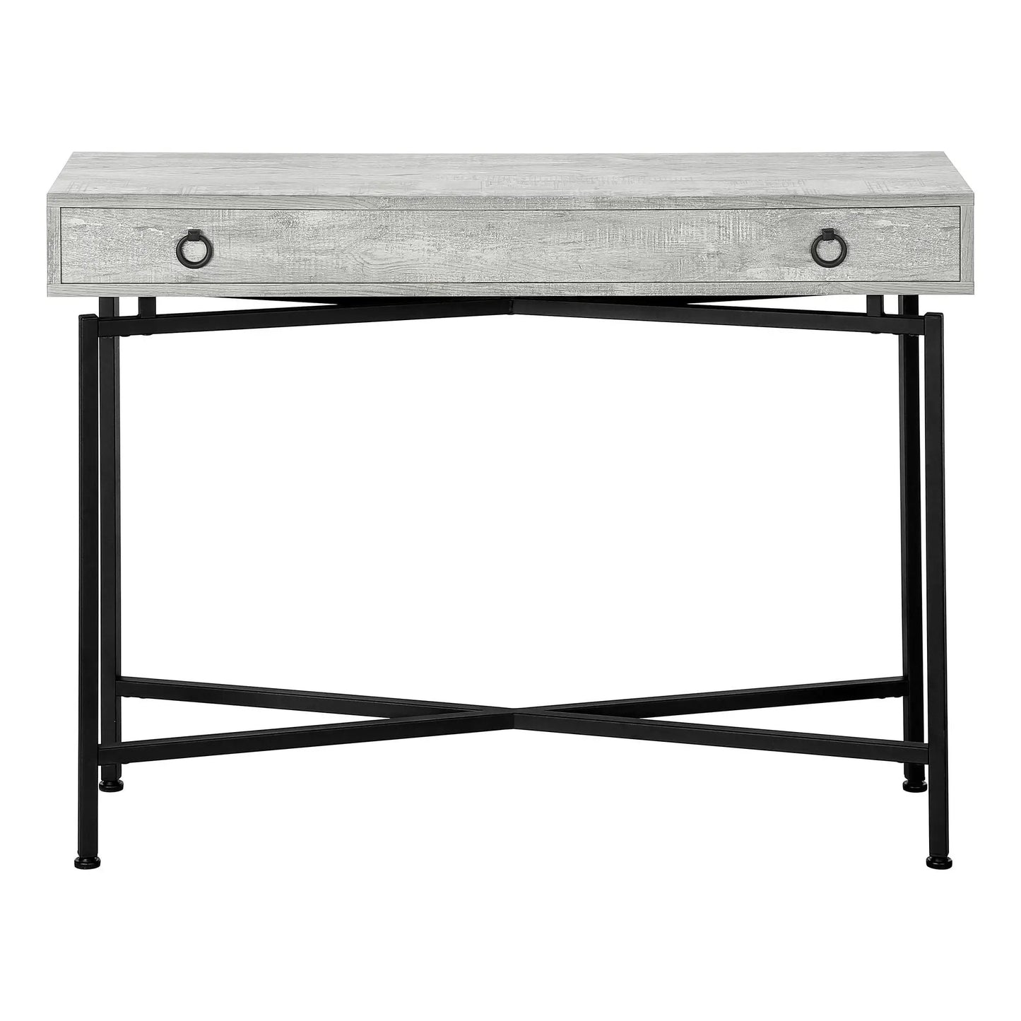 Accent Console Table with distressed gray wood top and black metal frame with ring pulls on Tampa Home & Garden Store