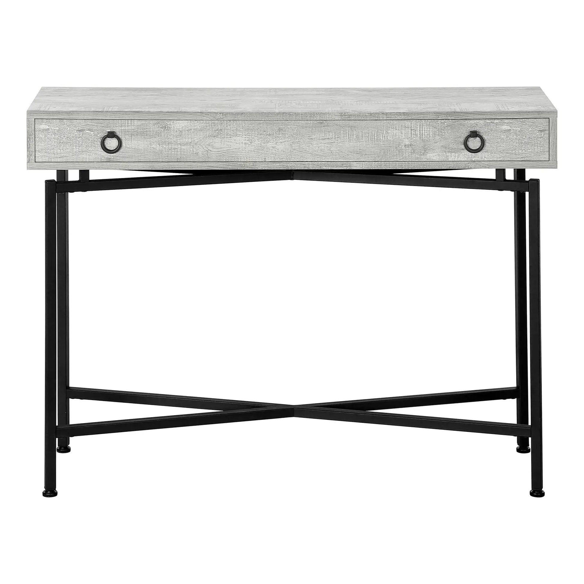 Accent Console Table with distressed gray wood top and black metal frame with ring pulls on Tampa Home & Garden Store