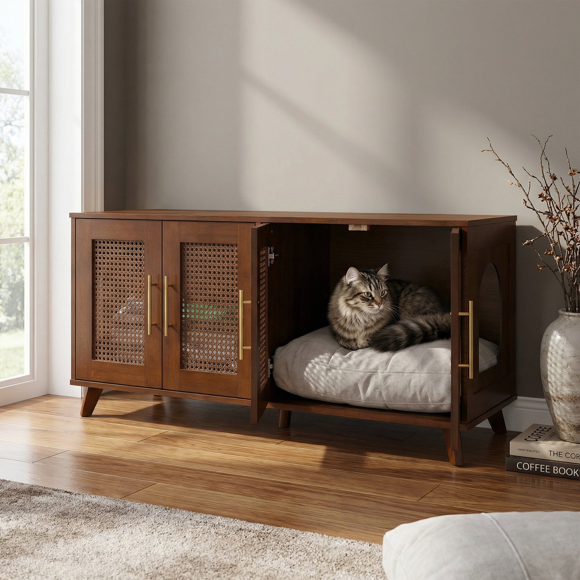 Myra Indoor Rubber Wood Cat Cabinet with Cozy Cushion, dark wood and cane panels, cat inside on Tampa Home & Garden Store