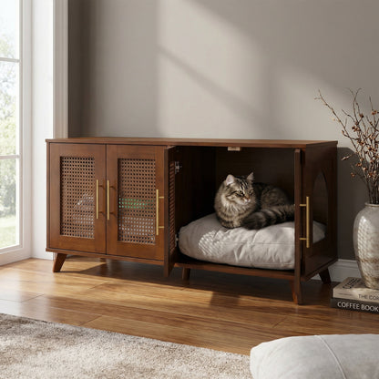 Myra Indoor Rubber Wood Cat Cabinet with Cozy Cushion, dark wood and cane panels, cat inside on Tampa Home & Garden Store