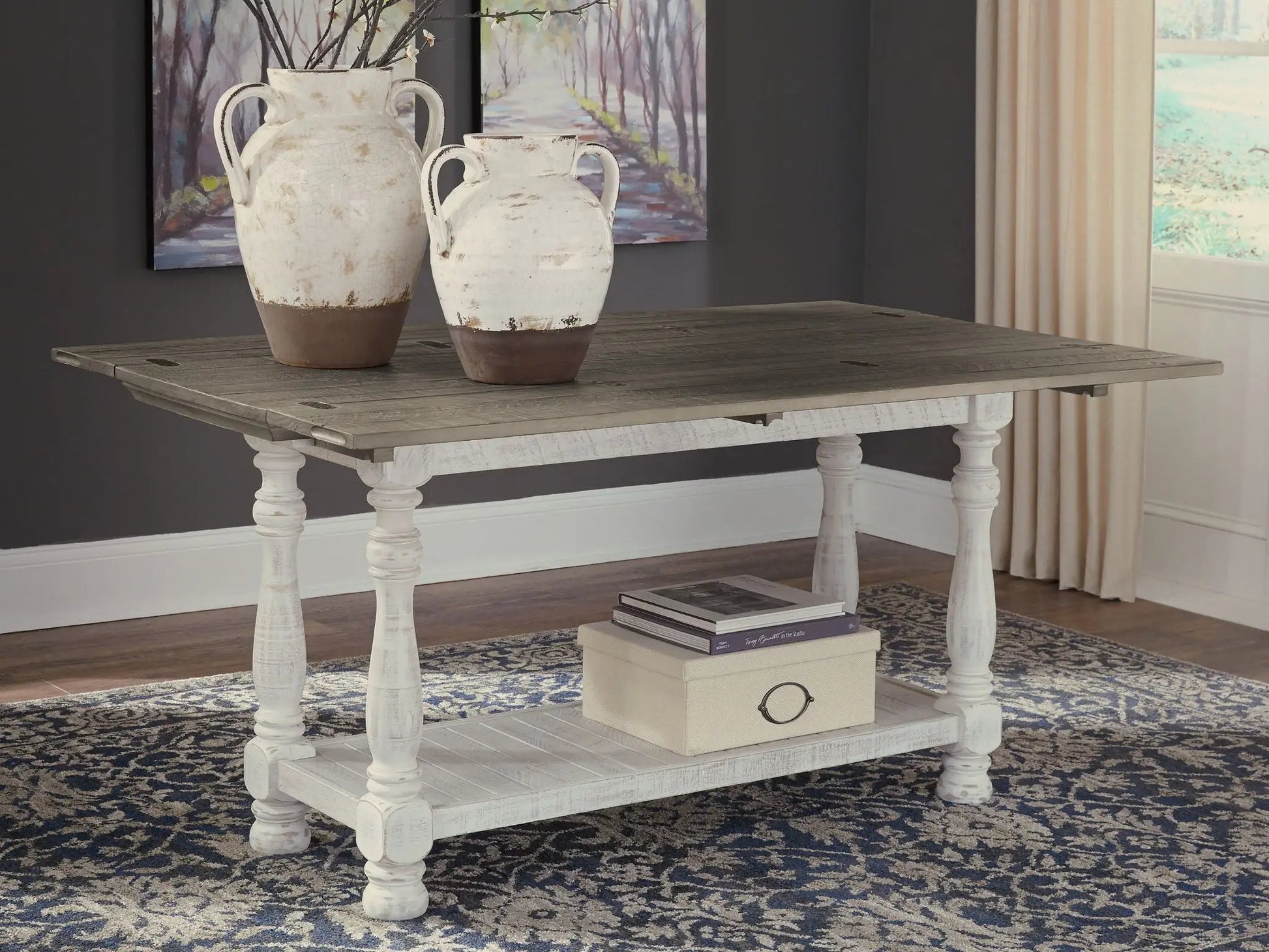Havalance flip-top sofa table gray/white weathered wood with two vases Unique Piece Furniture on Tampa Home & Garden Store