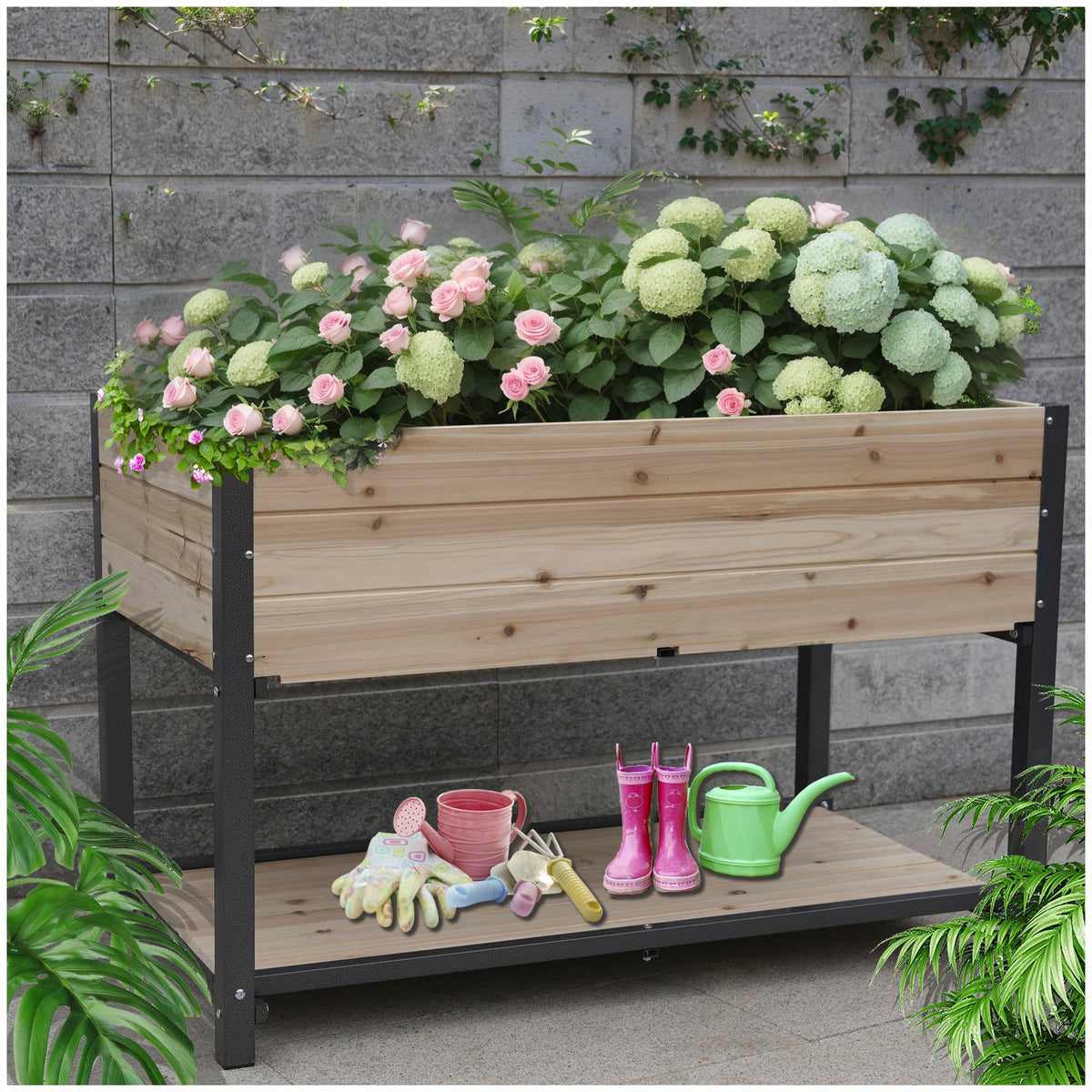 45in iron-wood garden bed planter with wood finish and racks, pink roses and hydrangeas on Tampa Home & Garden Store