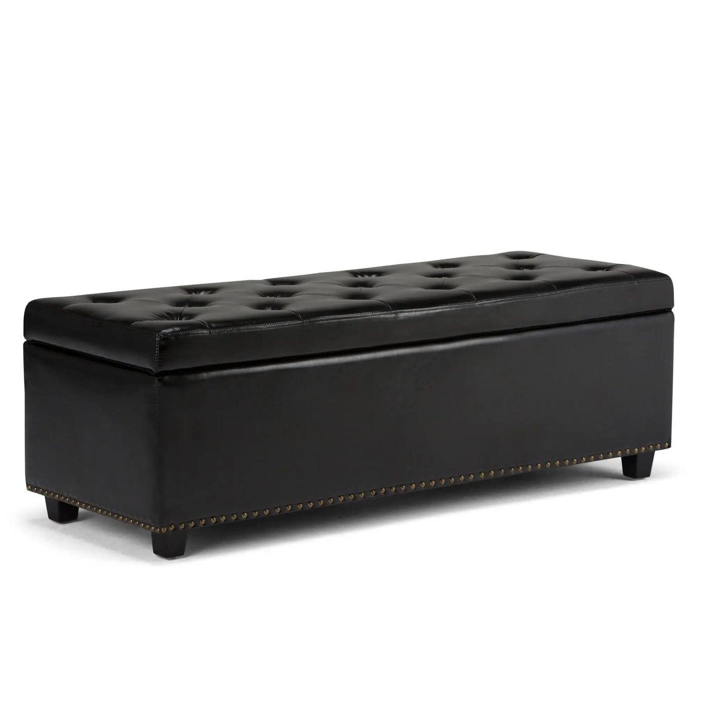 Hamilton Upholstered Storage Ottoman in black faux leather with button tufting and nailhead trim on Tampa Home & Garden Store