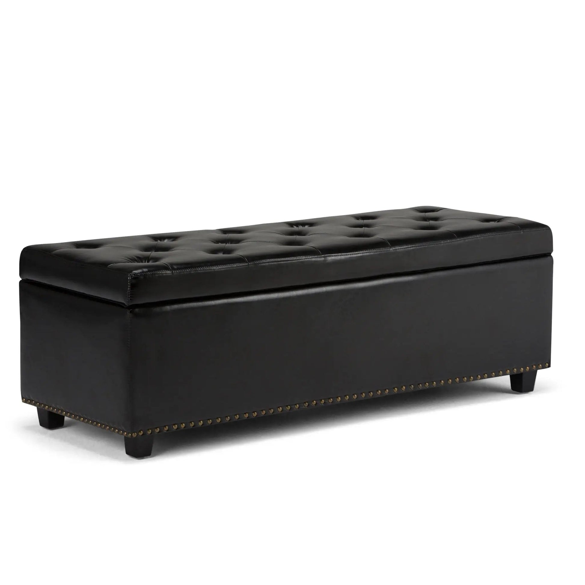 Hamilton Upholstered Storage Ottoman in black faux leather with button tufting and nailhead trim on Tampa Home & Garden Store