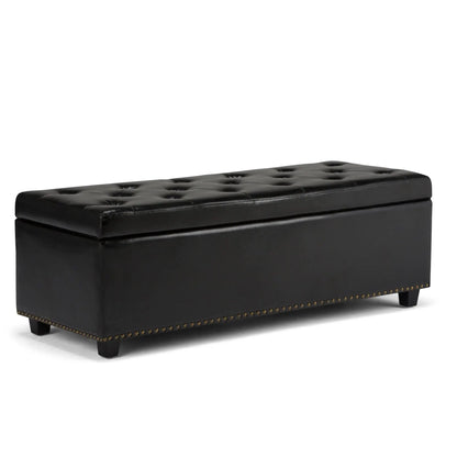 Hamilton Upholstered Storage Ottoman in black faux leather with button tufting and nailhead trim on Tampa Home & Garden Store