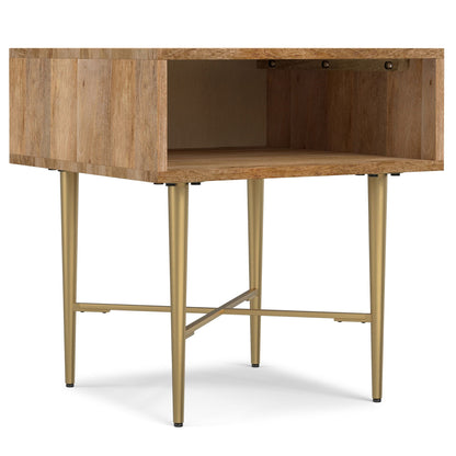 Fallon Natural Wood End Table with Iron Base, gold legs, open shelf storage on Tampa Home & Garden Store