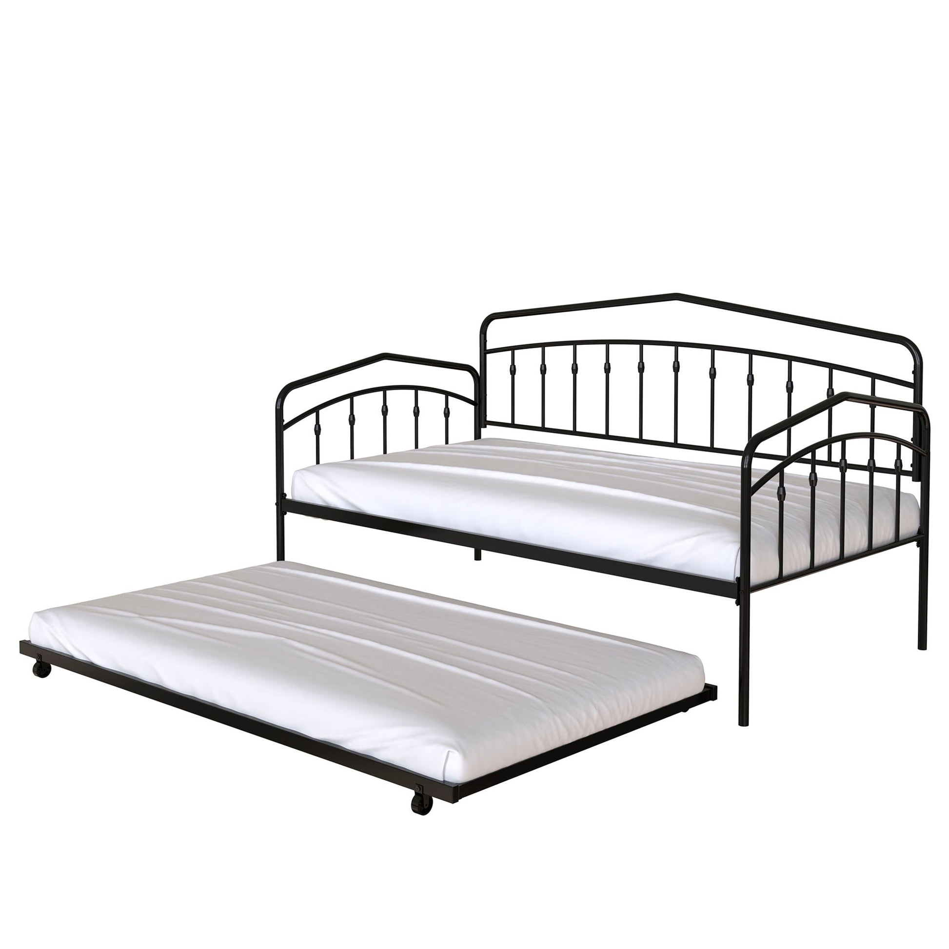 Fox daybed with twin trundle, black metal frame, white mattresses on Tampa Home & Garden Store