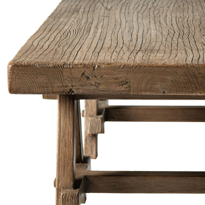 Trestle coffee table solid reclaimed elm construction in dark brown with rugged grain on Tampa Home & Garden Store