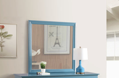 Traditional blue-framed wall mirror by Unique Piece Furniture above a blue console on Tampa Home & Garden Store