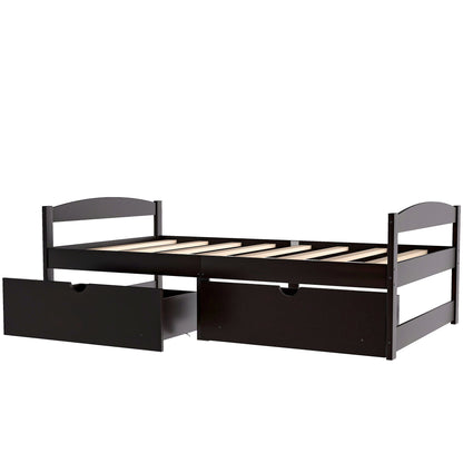 Pair of dark espresso wooden platform beds with 2 built-in drawers and slatted bases on Tampa Home & Garden Store