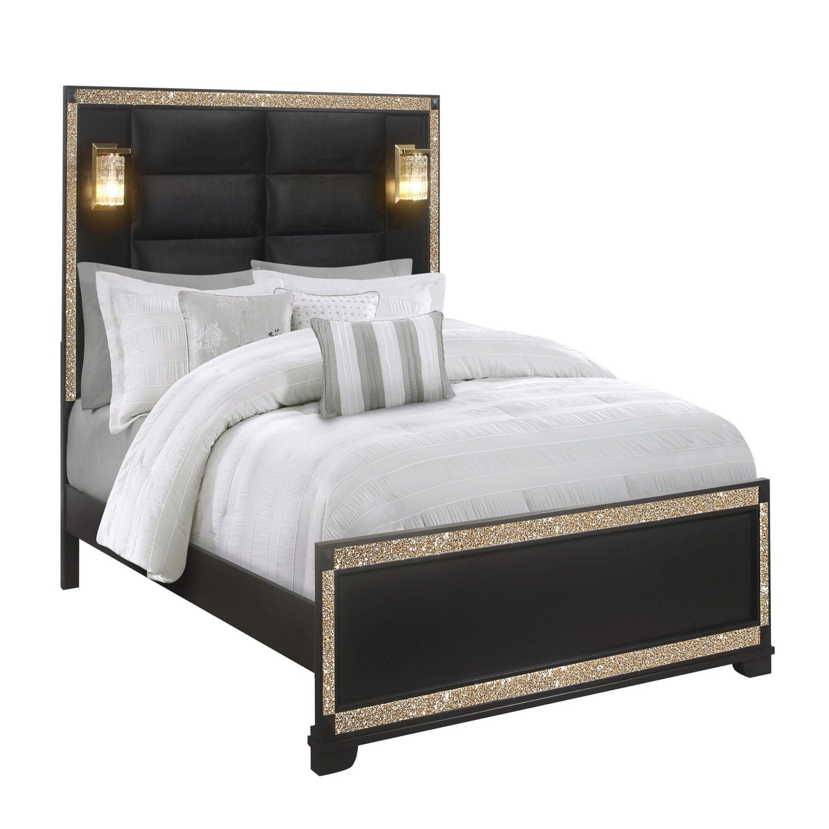 Lively 5-piece bedroom set with black padded headboard and glitter gold trim, sconces, bedding on Tampa Home & Garden Store