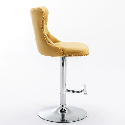 Swivel barstool with tan upholstery, tufted back, nailhead trim, chrome pedestal base, 25–33 in on Tampa Home & Garden Store