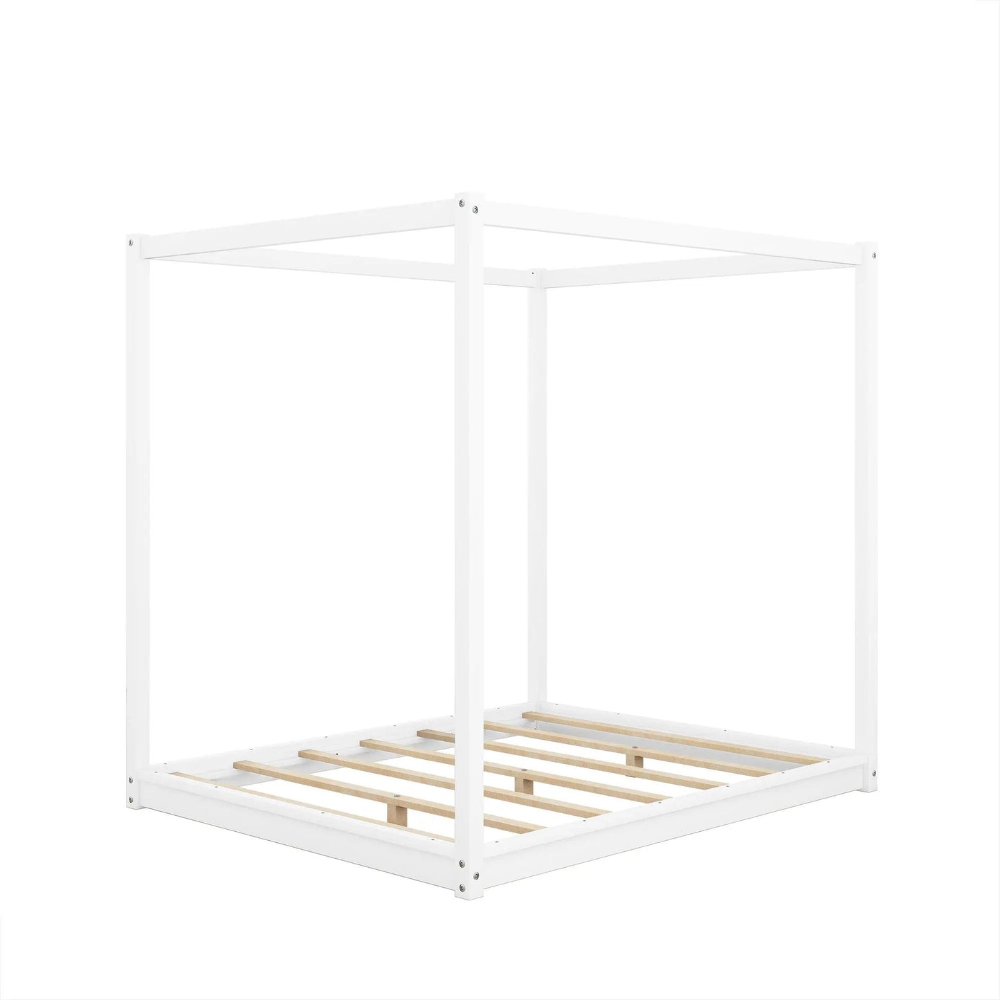Wood canopy platform bed frame in white with airflow slats and support legs on Tampa Home & Garden Store