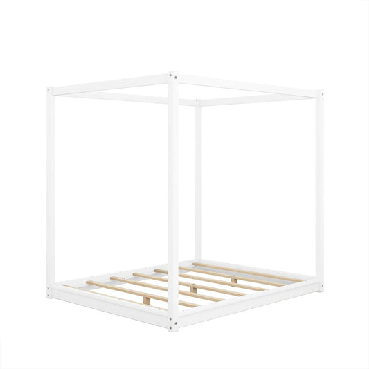 Wood canopy platform bed frame in white with airflow slats and support legs on Tampa Home & Garden Store