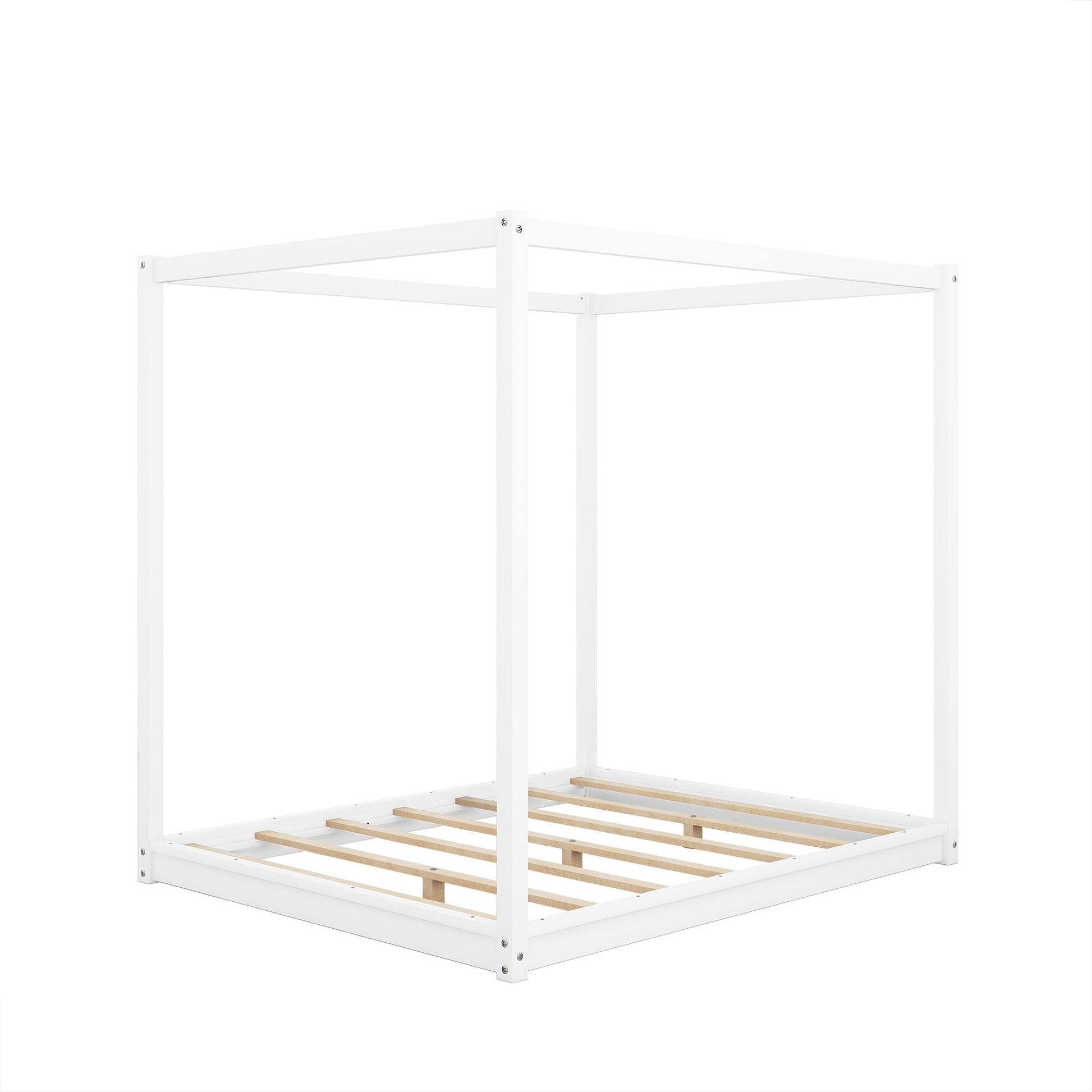 Wood canopy bed frame by HouseOfZazla, white finish with airflow slats and solid support legs on Tampa Home & Garden Store