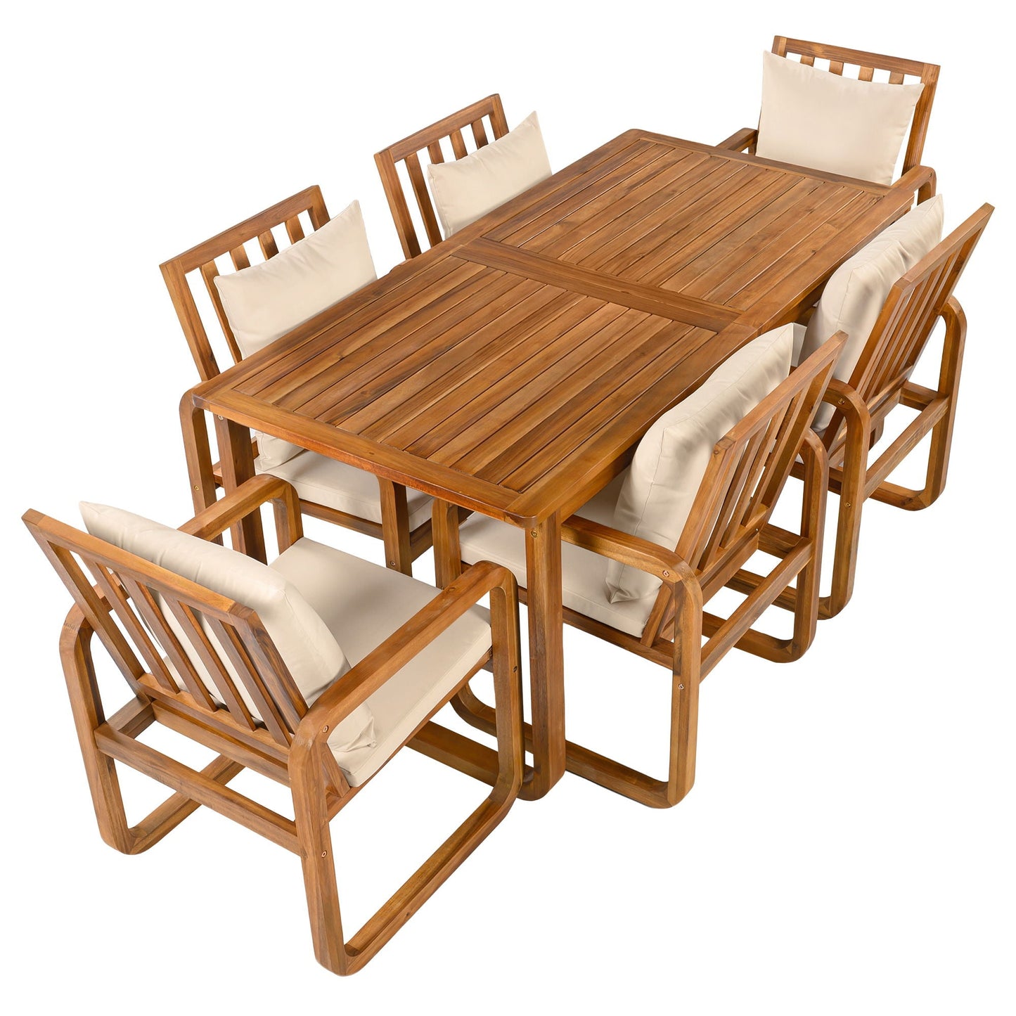 7 Piece Outdoor Patio Dining Set with removable beige cushions and wooden slat chairs on Tampa Home & Garden Store