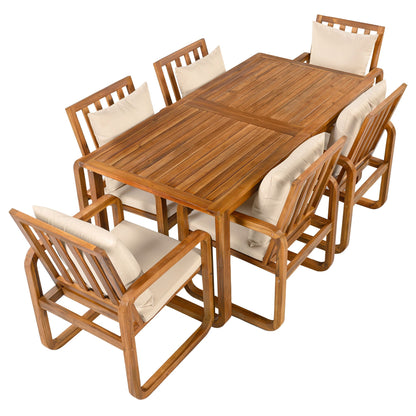 7 Piece Outdoor Patio Dining Set with removable beige cushions and wooden slat chairs on Tampa Home & Garden Store