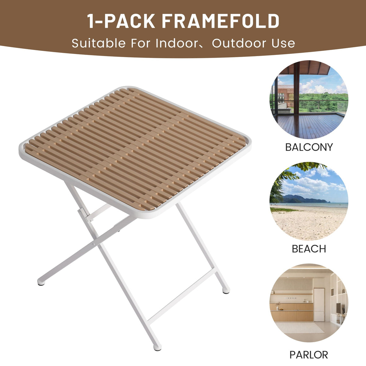 Folding outdoor table with tan wooden slats and white frame on Tampa Home & Garden Store