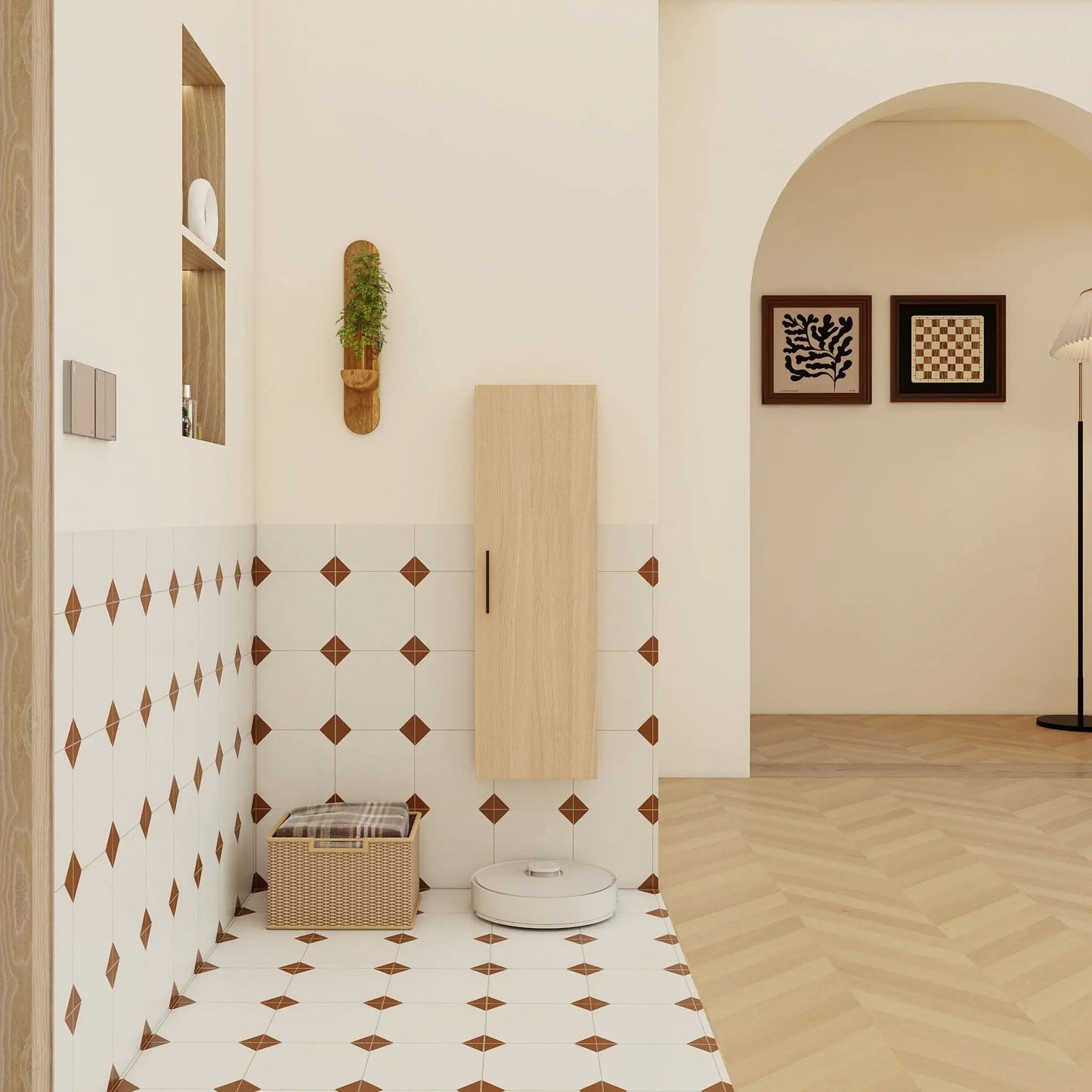 Tall floating bathroom cabinet, wall-mounted single door, light oak accent on white finish on Tampa Home & Garden Store