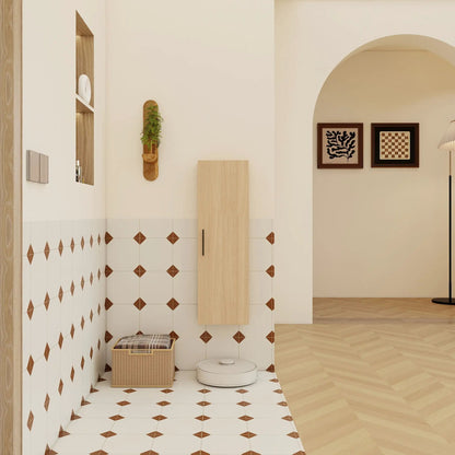 Tall floating bathroom cabinet, wall-mounted single door, light oak accent on white finish on Tampa Home & Garden Store