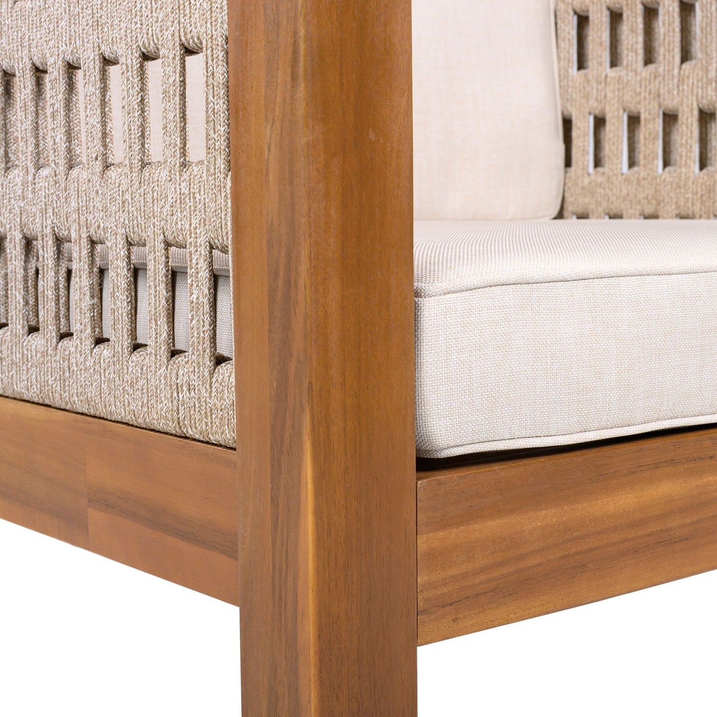 Outdoor Club Chair with rope-arm construction and beige cushions, HouseOfZazla outdoor chair on Tampa Home & Garden Store