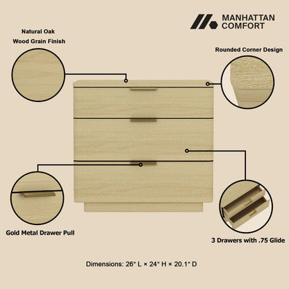 Oak Nightstand with 3 Drawers in natural oak grain finish with metal pulls by HouseOfZazla on Tampa Home & Garden Store