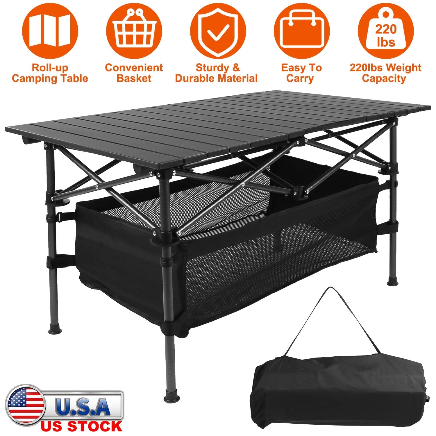 GemGear folding camping table, portable aluminum roll-up desk with black slatted top and bag on Tampa Home & Garden Store