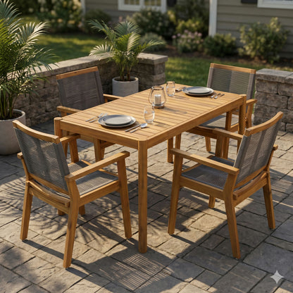 Acacia Wood Outdoor Dining Set and Grey Chairs