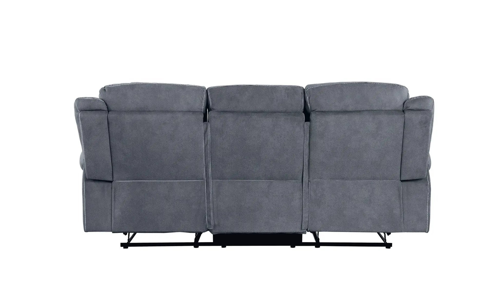 Zubaida three-seat gray fabric recliner sofa viewed from the back with visible metal bases on Tampa Home & Garden Store