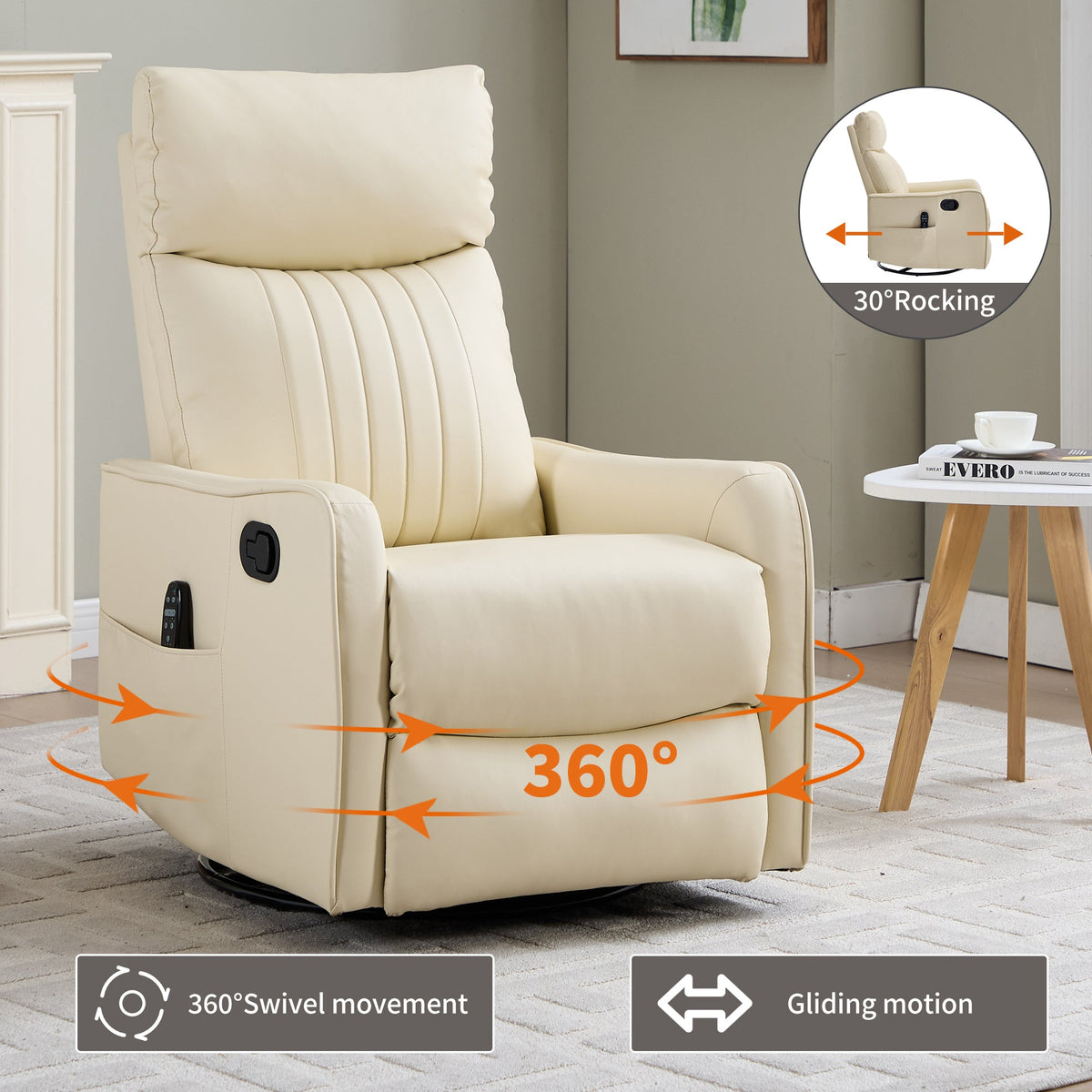 Beige HouseOfZazla heat massage manual recliner chair with rocker and swivel remote pocket on Tampa Home & Garden Store