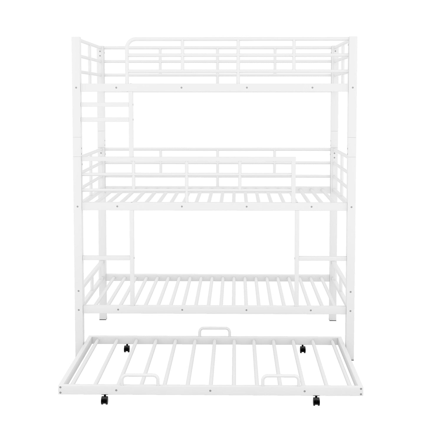 Triple bunk bed with trundle in white heavy-duty steel construction on Tampa Home & Garden Store