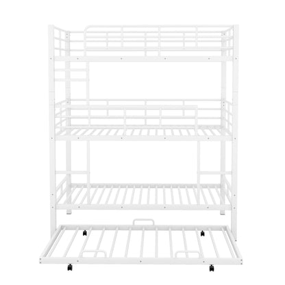 Triple bunk bed with trundle in white heavy-duty steel construction on Tampa Home & Garden Store
