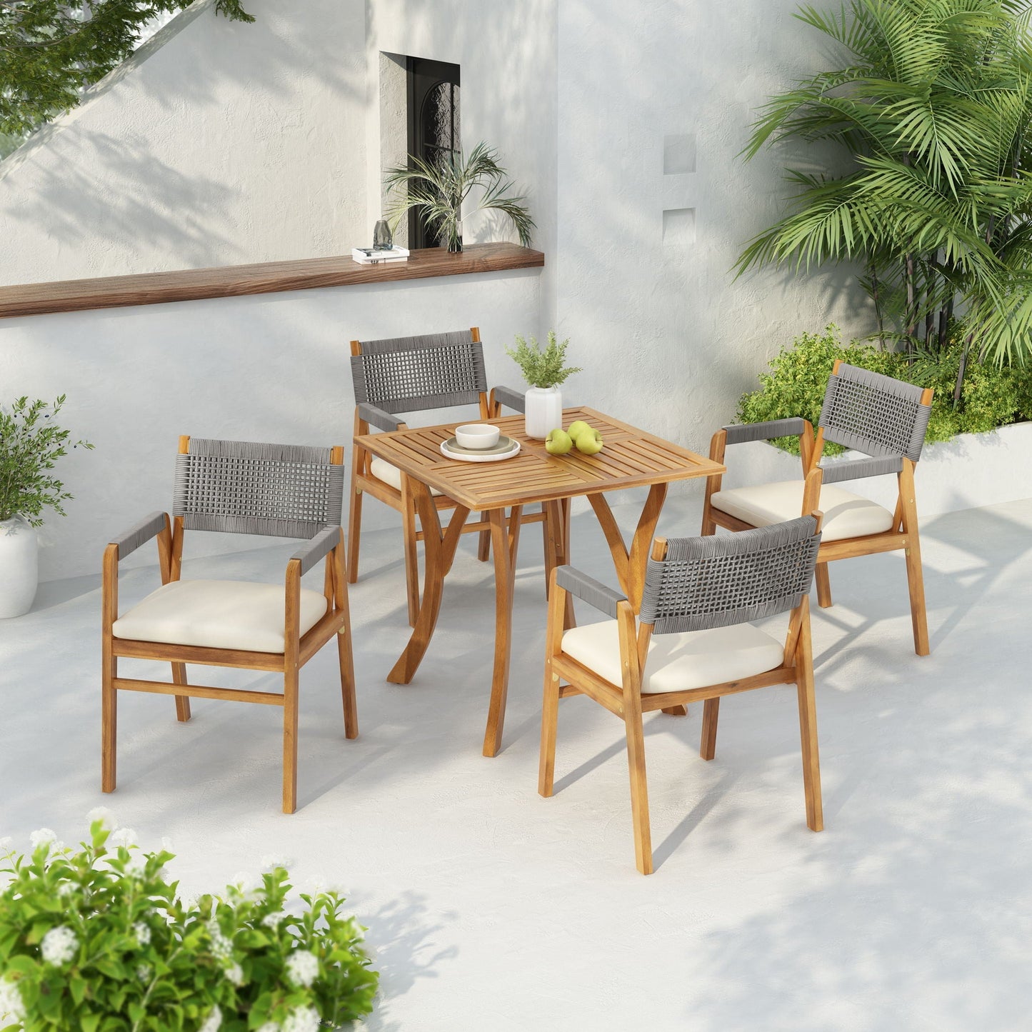 Rustic Patio Acacia Bistro Set with Cushions