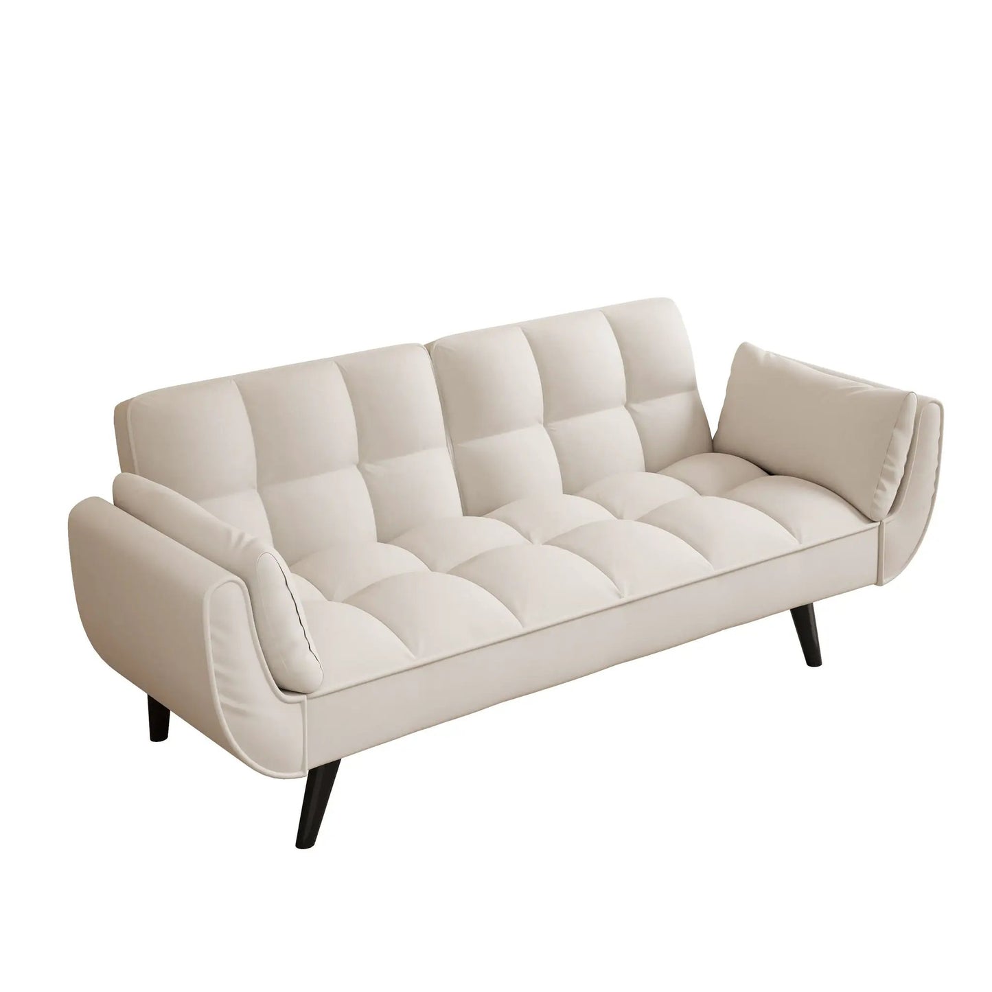 Cream tufted futon sofa with two armrests and throw pillow, ideal for small spaces on Tampa Home & Garden Store