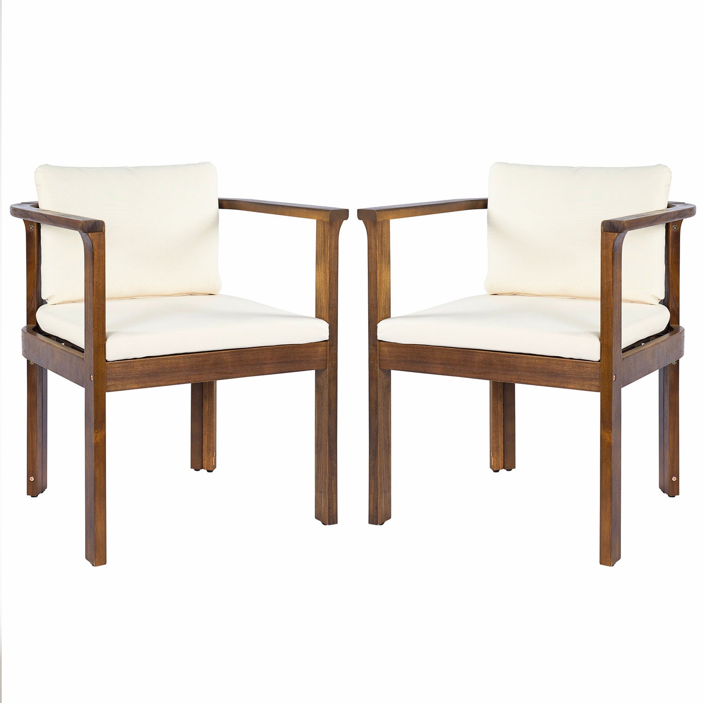 Outdoor dining chair set of 2 with curved acacia wood arms, brown frame, cream cushions on Tampa Home & Garden Store