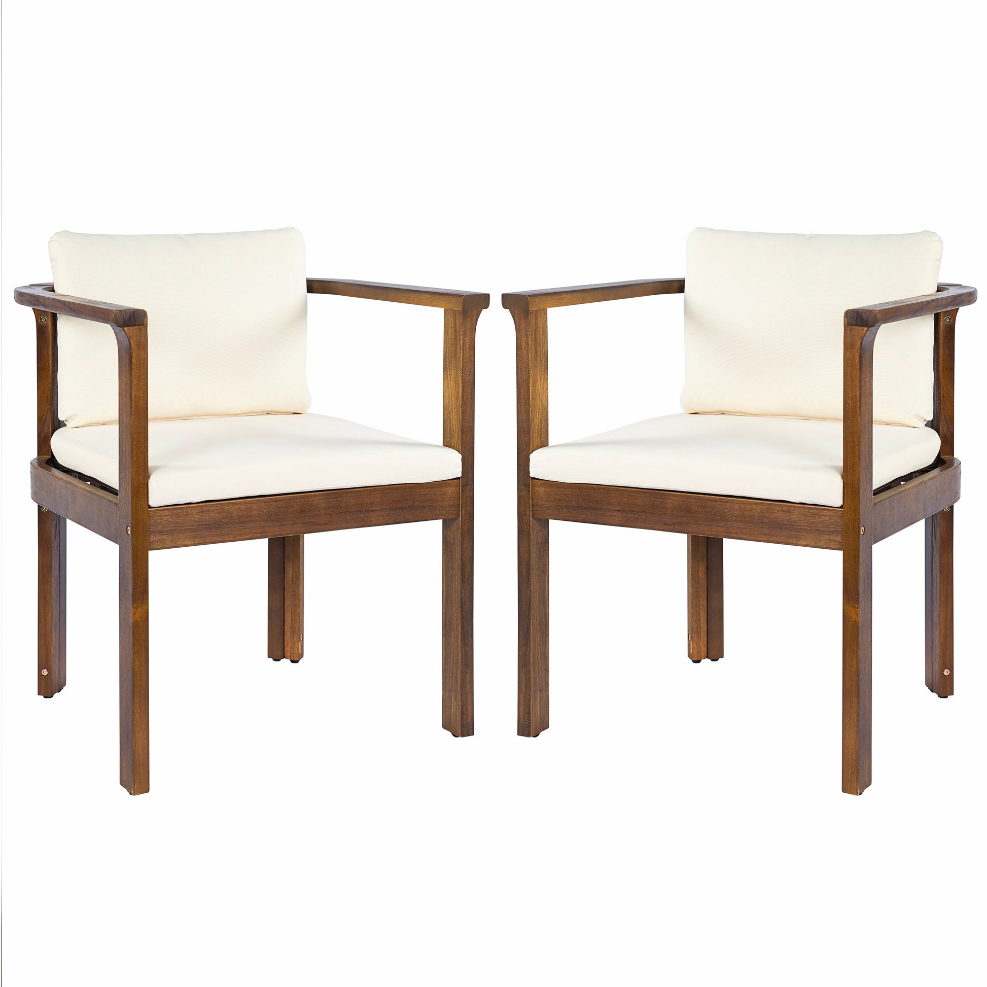 Outdoor dining chair set of 2 with curved acacia wood arms, brown frame, cream cushions on Tampa Home & Garden Store