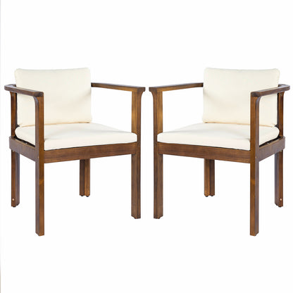 Outdoor dining chair set of 2 with curved acacia wood arms, brown frame, cream cushions on Tampa Home & Garden Store