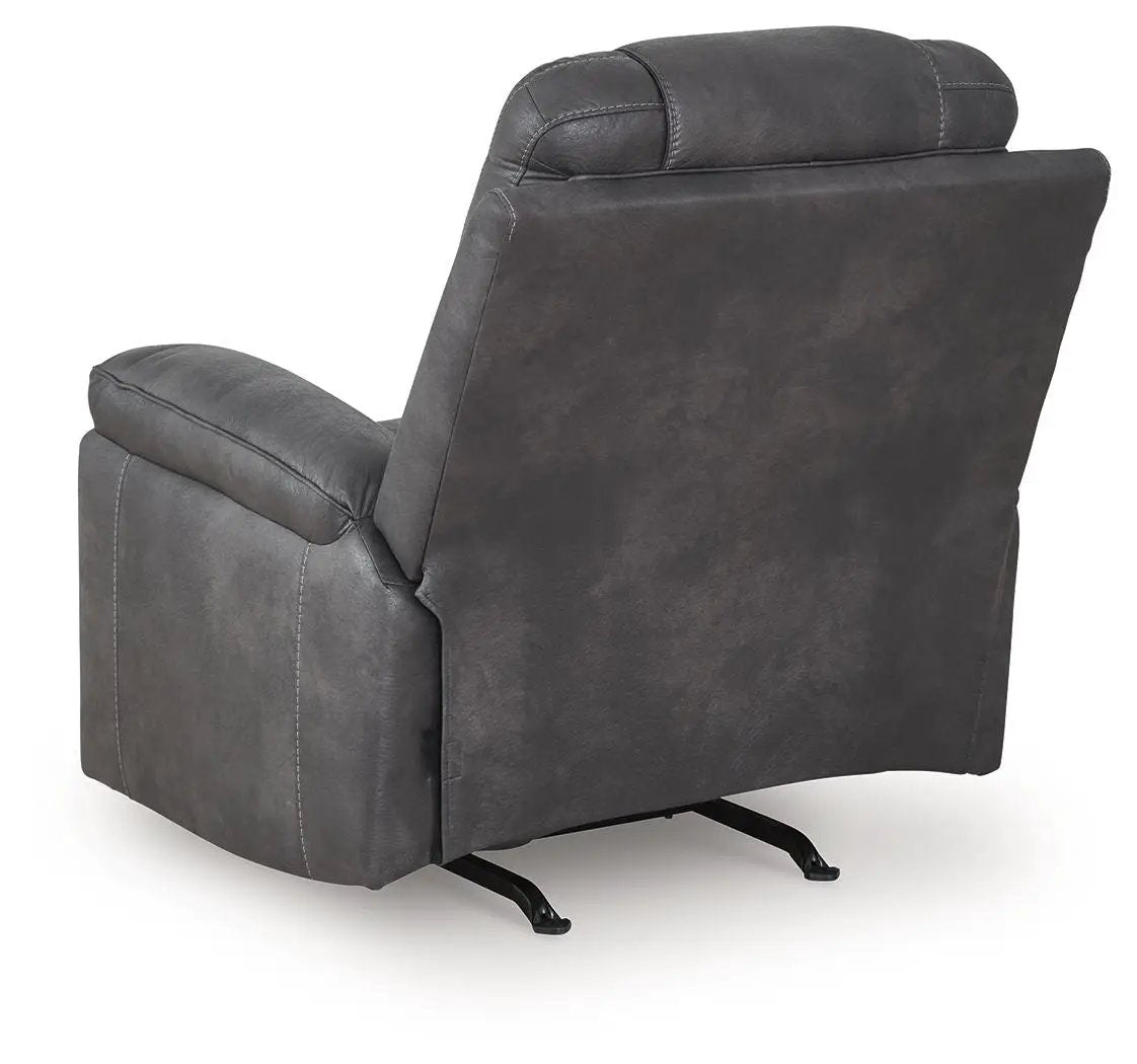 Stockworth rocker recliner in charcoal gray faux leather with padded arms on Tampa Home & Garden Store