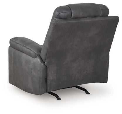 Stockworth rocker recliner in charcoal gray faux leather with padded arms on Tampa Home & Garden Store