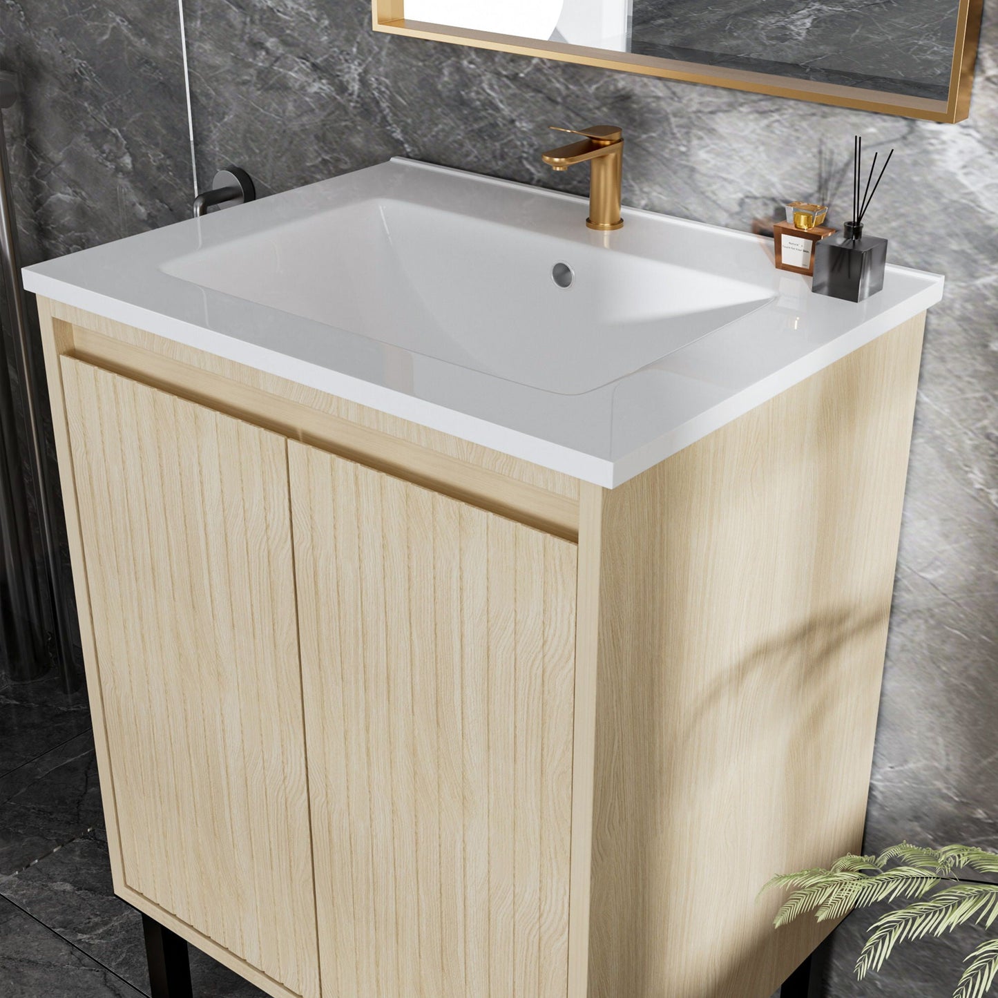 Bathroom vanity with ceramic sink, light wood cabinet, gold faucet, soft-close drawers on Tampa Home & Garden Store