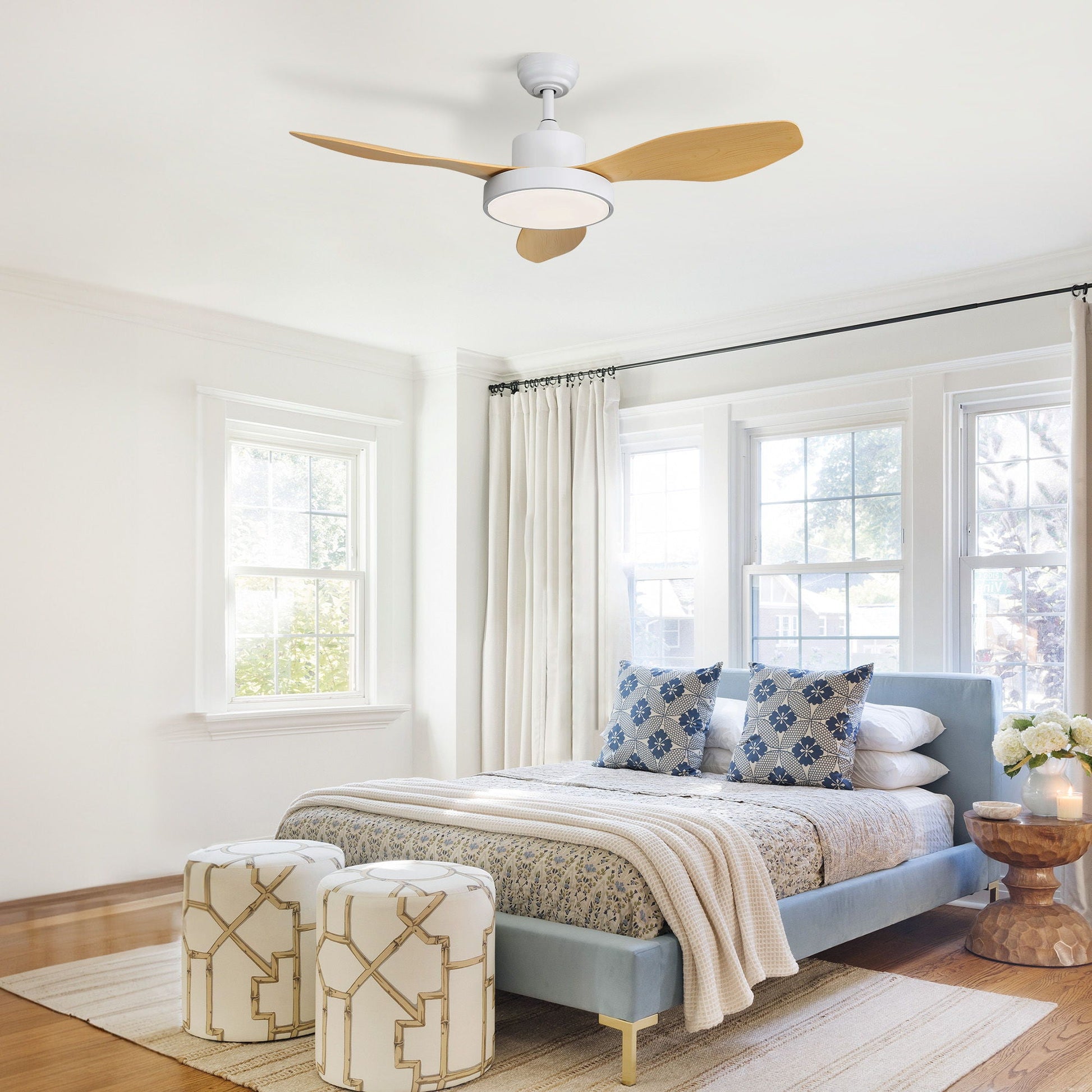 Ceiling fan with 22W LED light, white finish, wood blades, remote, 6 speeds, HouseOfZazla on Tampa Home & Garden Store