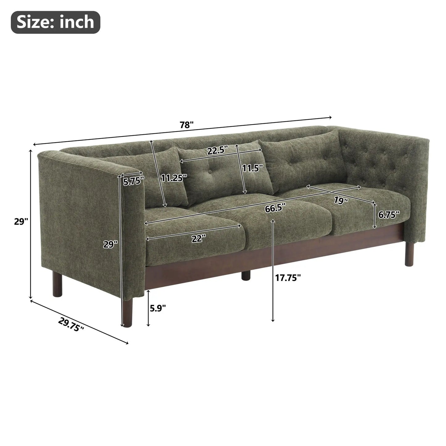 Upholstered 3-seat sofa with tufted cushions in olive fabric by Unique Piece Furniture on Tampa Home & Garden Store